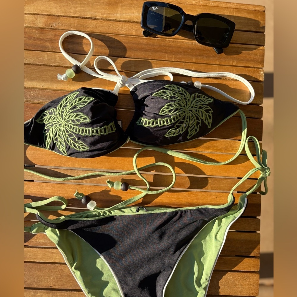 LARGE NWT ISABELLA ROSE Tropical Palm Green & Black Embroidered Reversible Swim - Picture 2 of 10